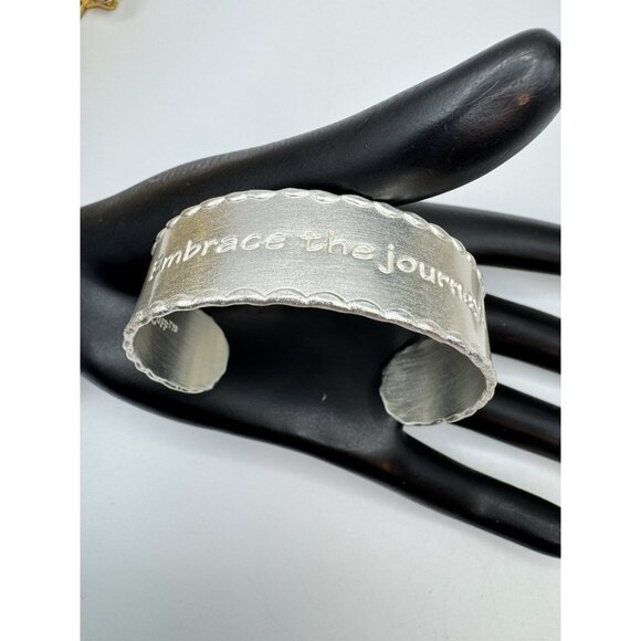 Rustic Cuff Bracelet Engraved Embrace The Journey Silver Tone Brushed Finish - Picture 7 of 7